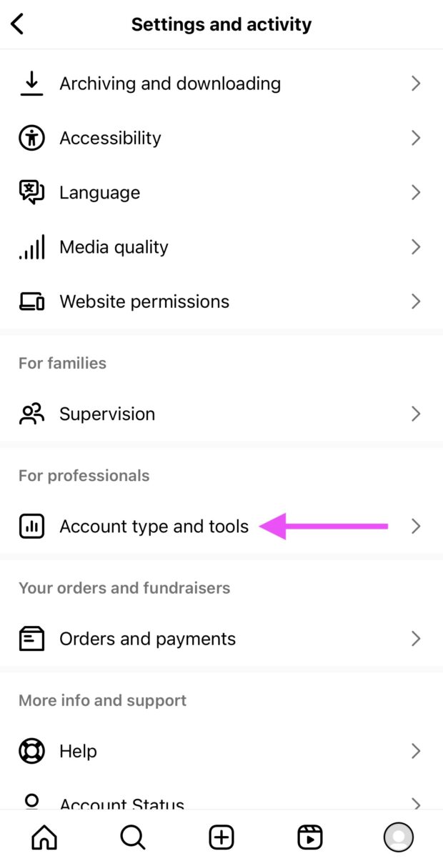 account type and tools button shown in instagram settings menu