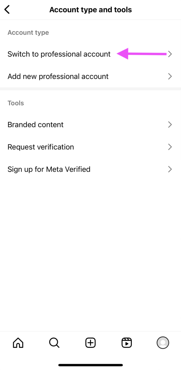switch to professional account button shown on instagram