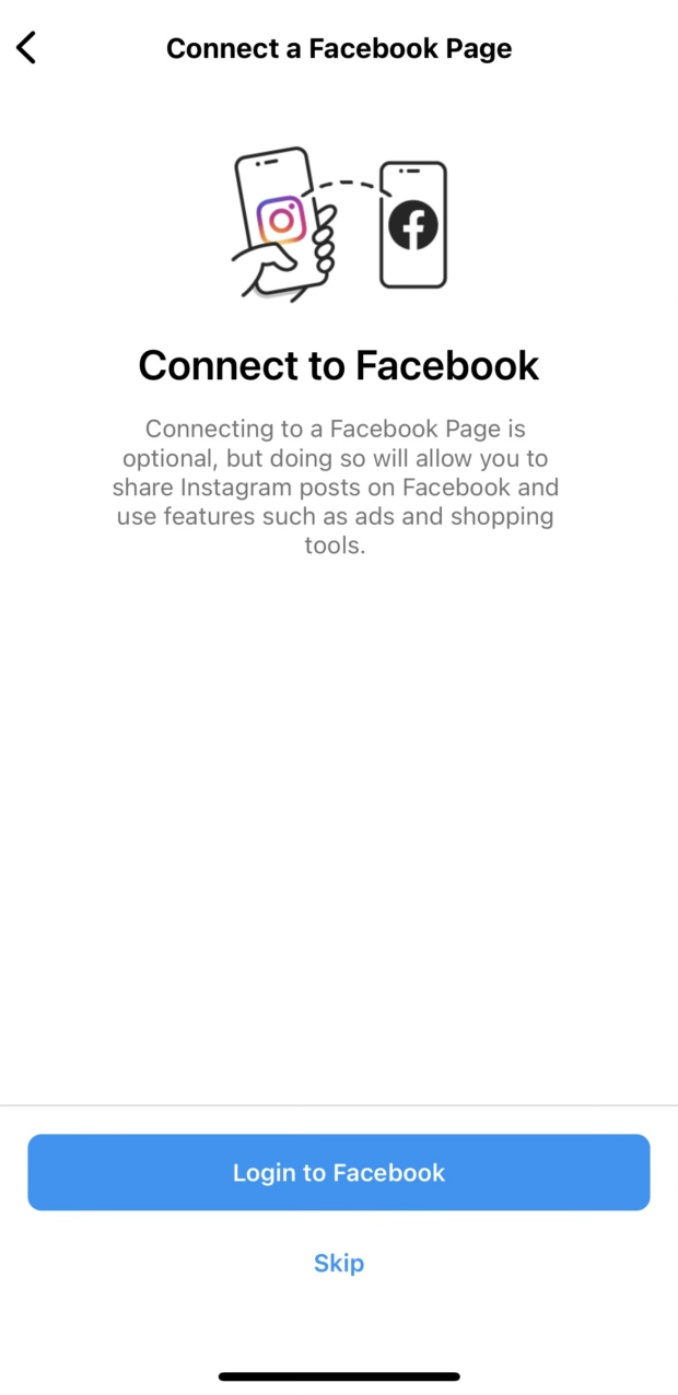 screen prompting instagram business user to connect an existing facebook account