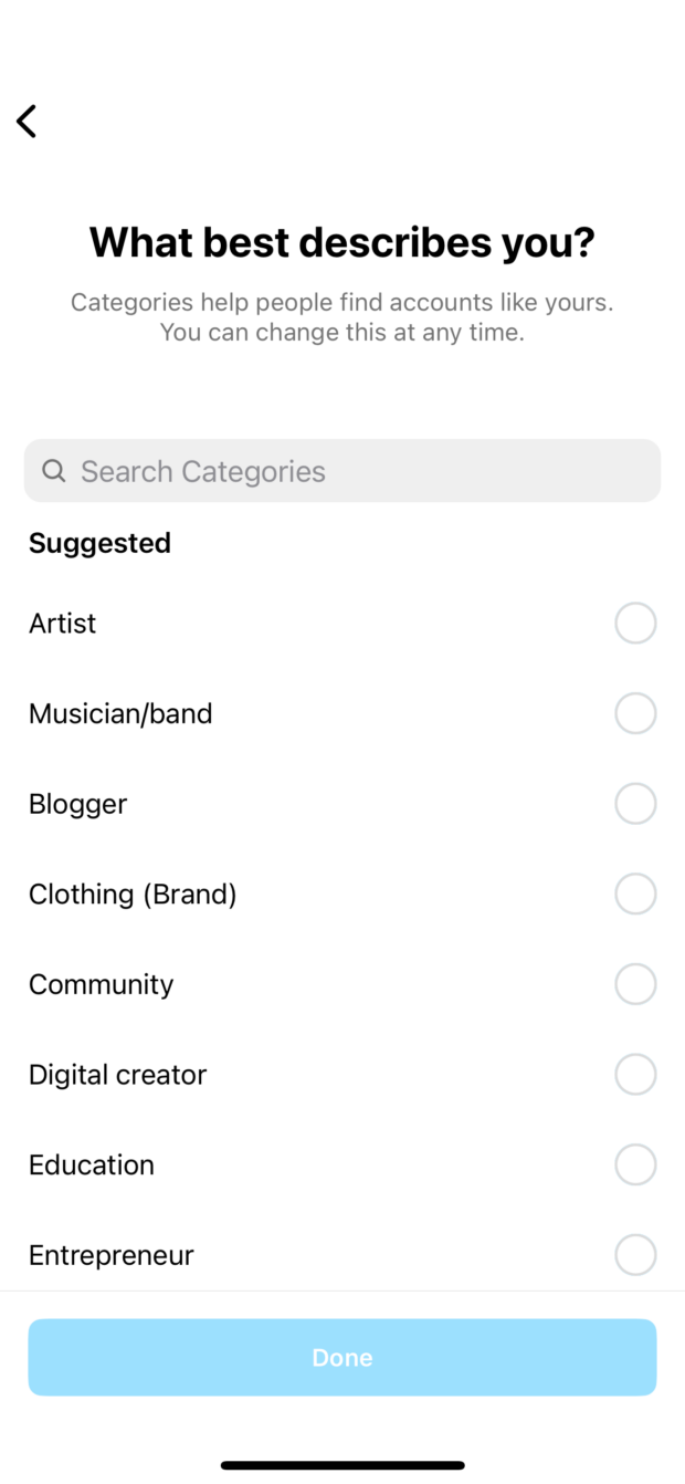 list of categories businesses can choose to represent themselves on instagram, including artist, musician, blogger, and entrepreneur